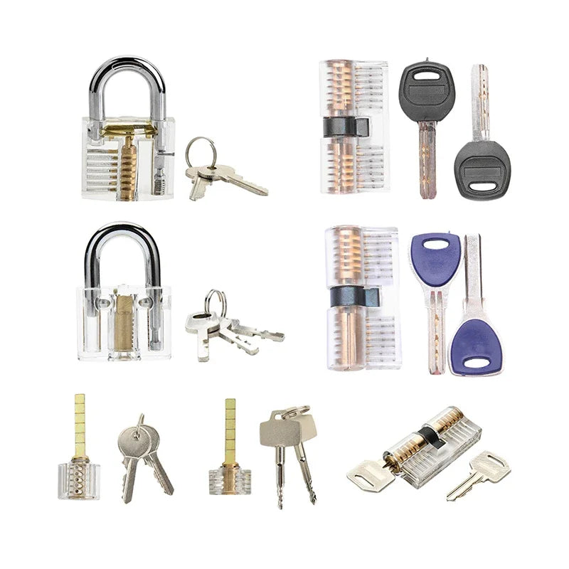 9 pcs Transparent Locksmith Locks Cutaway Training Skill Professional Visible Practice Padlock Copper Lock Pick Tools Hardware